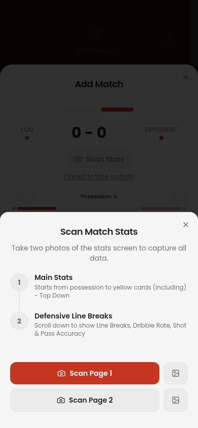 Real UT Champs Scan Match Stats sheet showing Scan Page 1 and optional Scan Page 2 controls