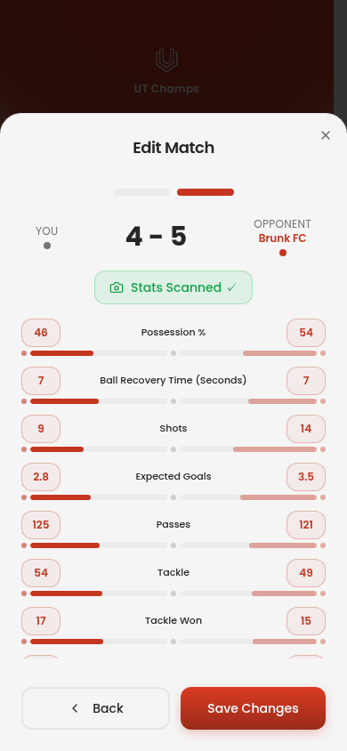 Real UT Champs edit-match screen with the scanned score and each team's possession, shots, xG, passes, and tackles available to review